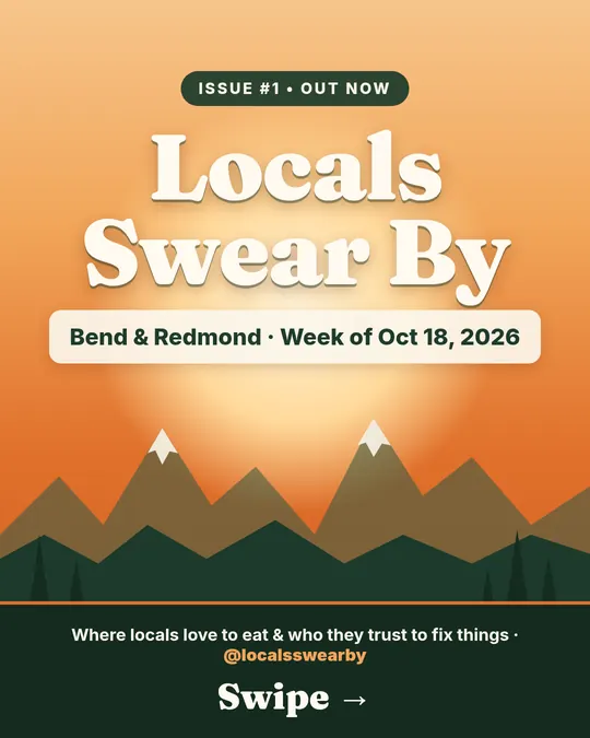 Slide 1: Locals Swear By Issue #1 cover, Bend and Redmond, week of Oct 18, 2026