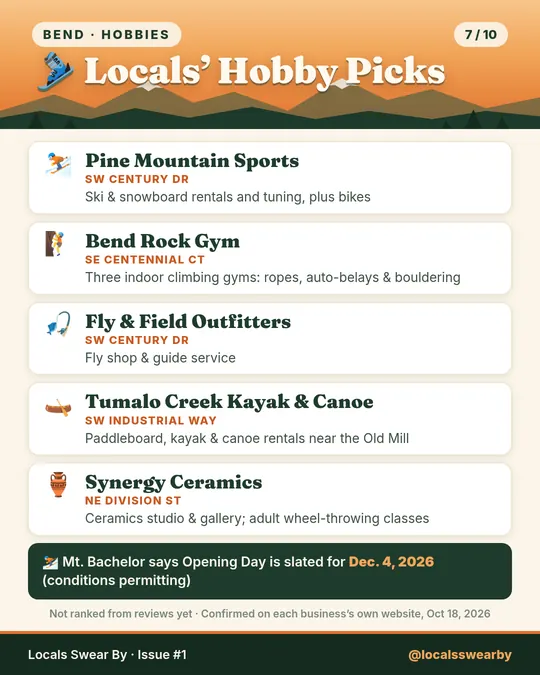 Slide 7: Locals' hobby picks in Bend: ski tuning, climbing, fly fishing, paddling and ceramics