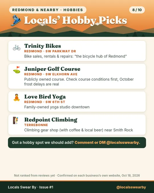 Slide 8: Locals' hobby picks in Redmond and nearby: bikes, golf, yoga and climbing