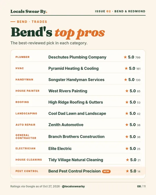 Slide 8: Bend's top pros by category, with Bend Pest Control Precision new in pest control